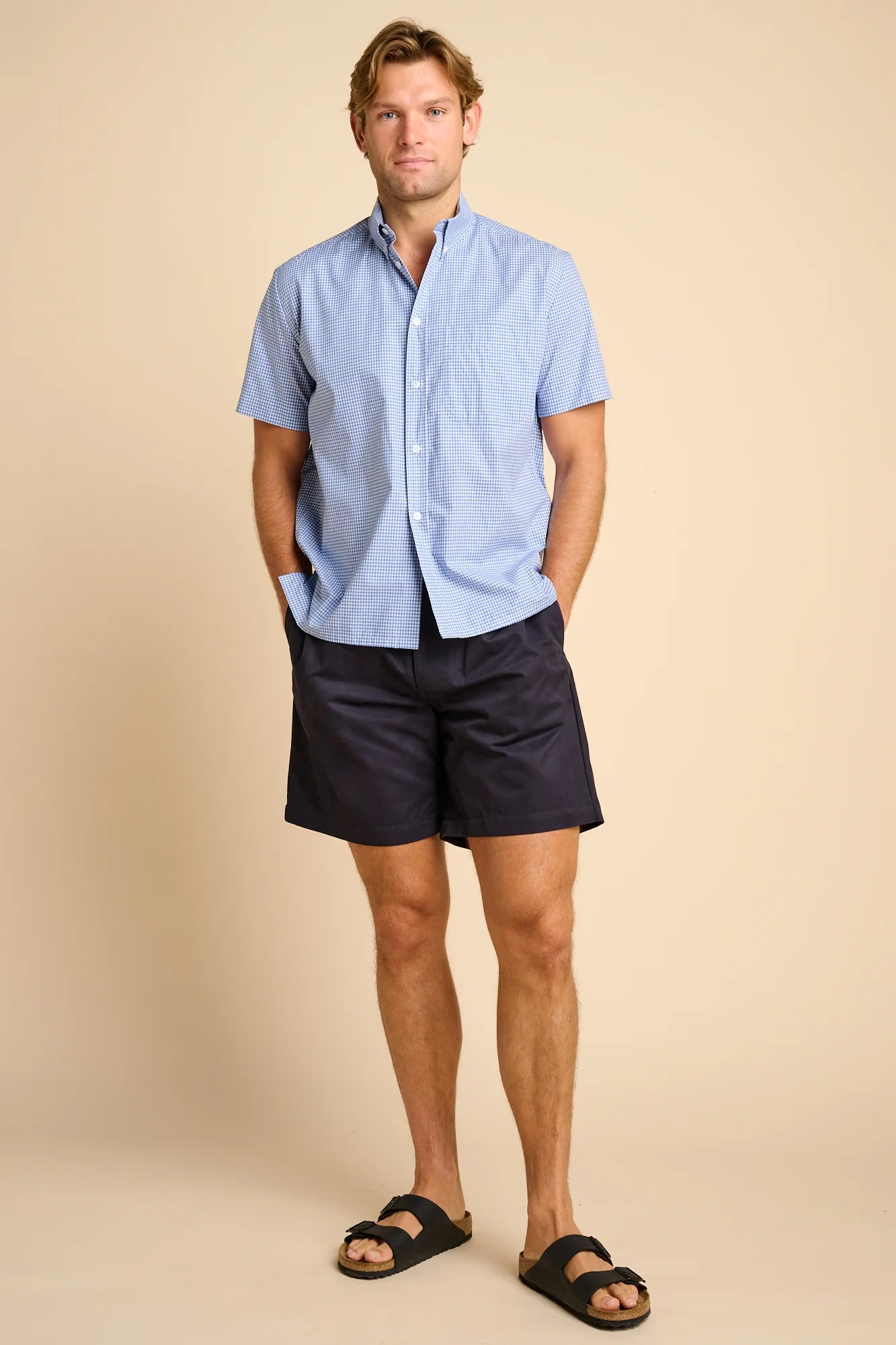 Short Sleeve Button-Down Shirt - Blue Check