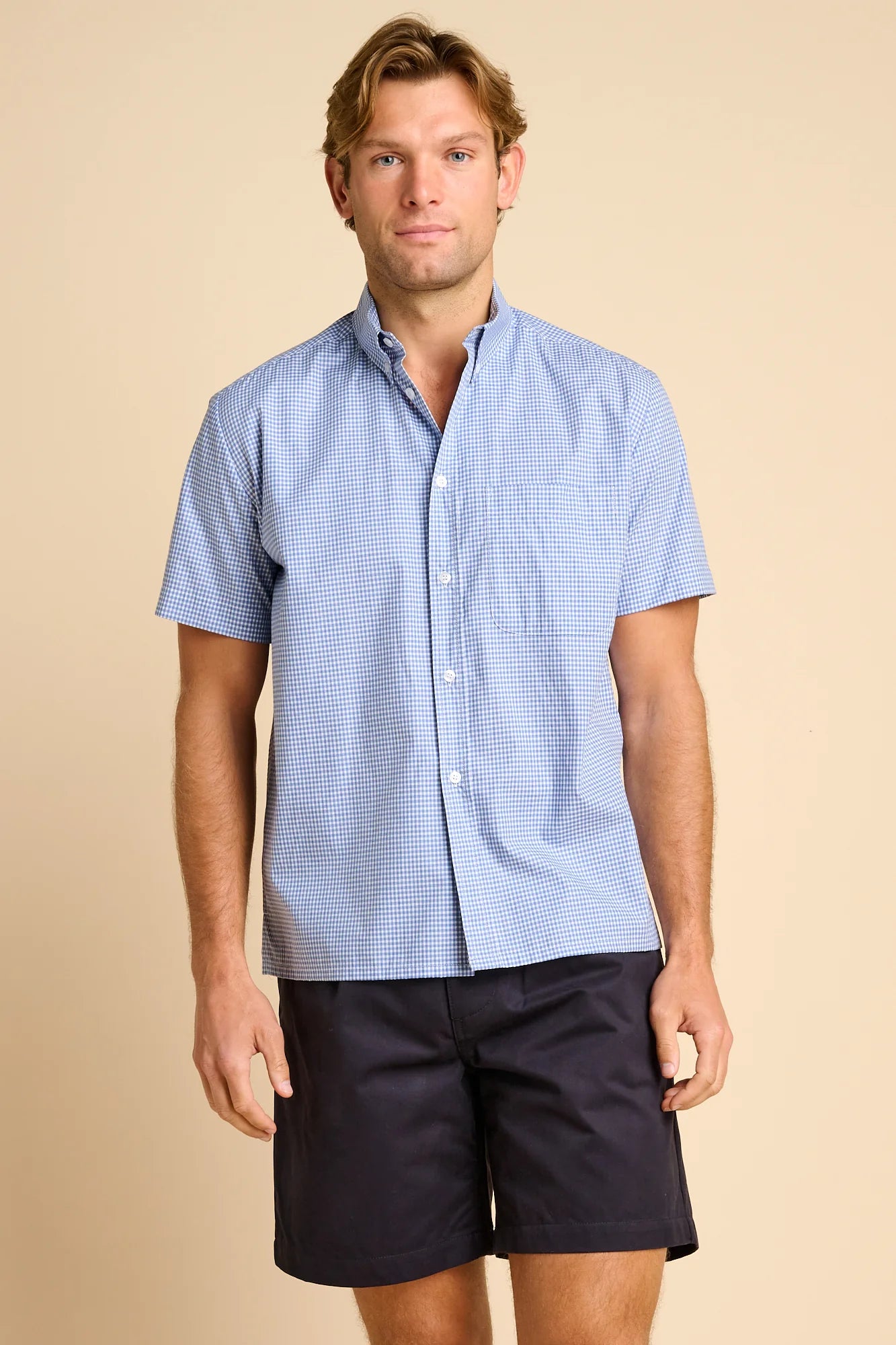 Short Sleeve Button-Down Shirt - Blue Check